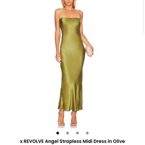 REVOLVE SNDYS Strapless Satin Dress in Olive Green